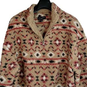 LOVE TREE Women's Multi Colored/Tan Short Sherpa Patterned Pullover 1/4 Zip M